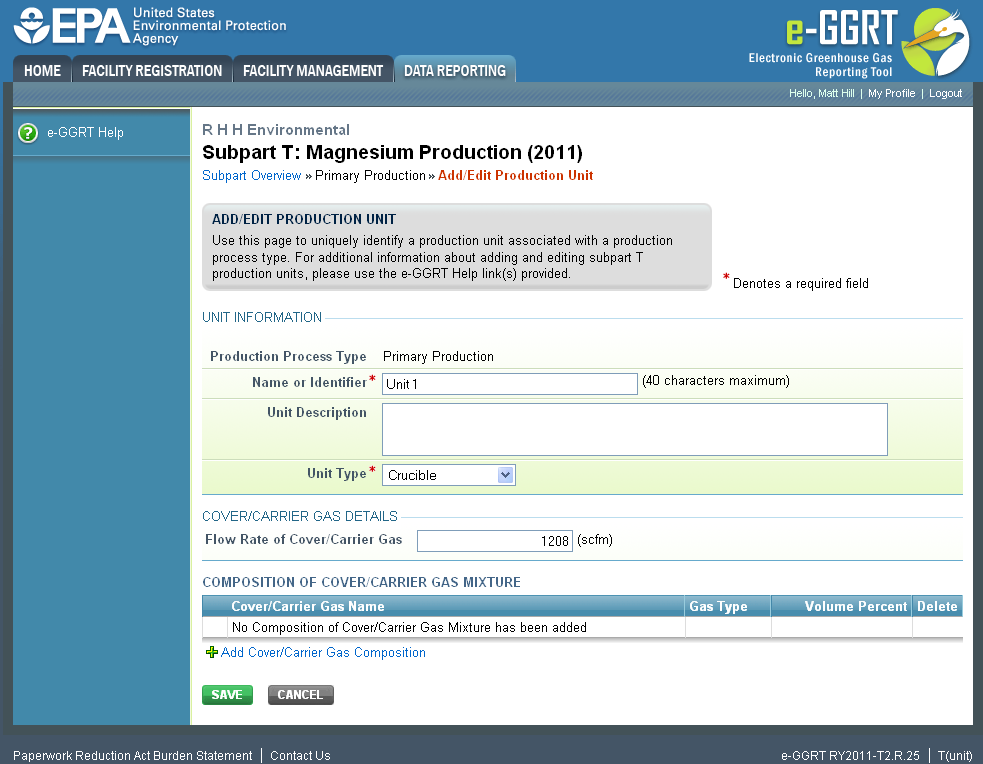 Subpart T: GHG Composition Step 1 - Add Cover/Carrier Gas Composition 